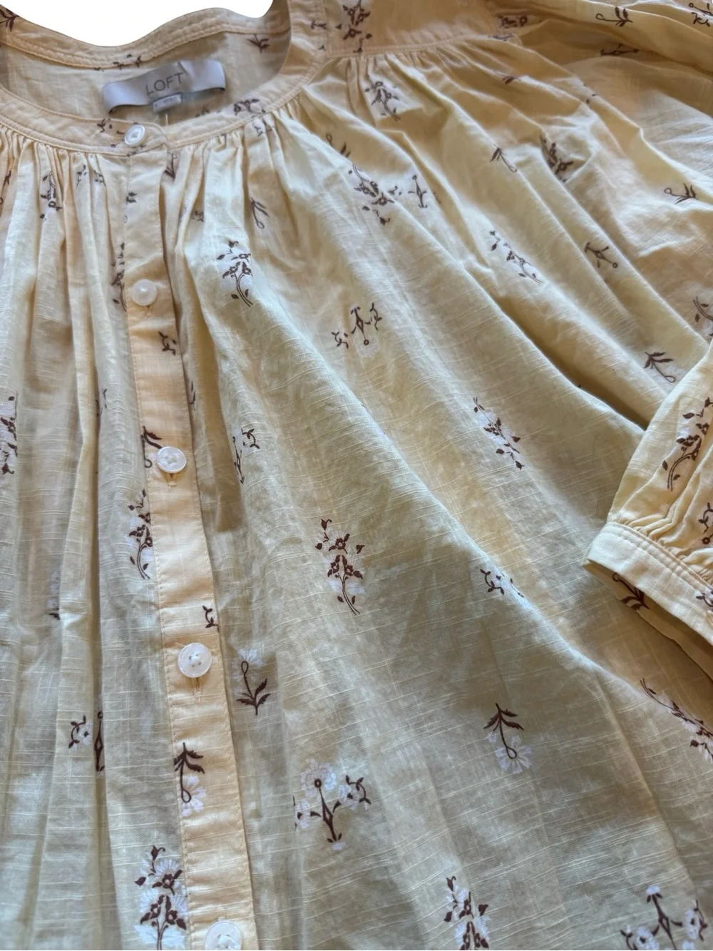 LOFT Yellow Floral Balloon Sleeve Cotton Peasant Blouse NWT Large Cottagecore